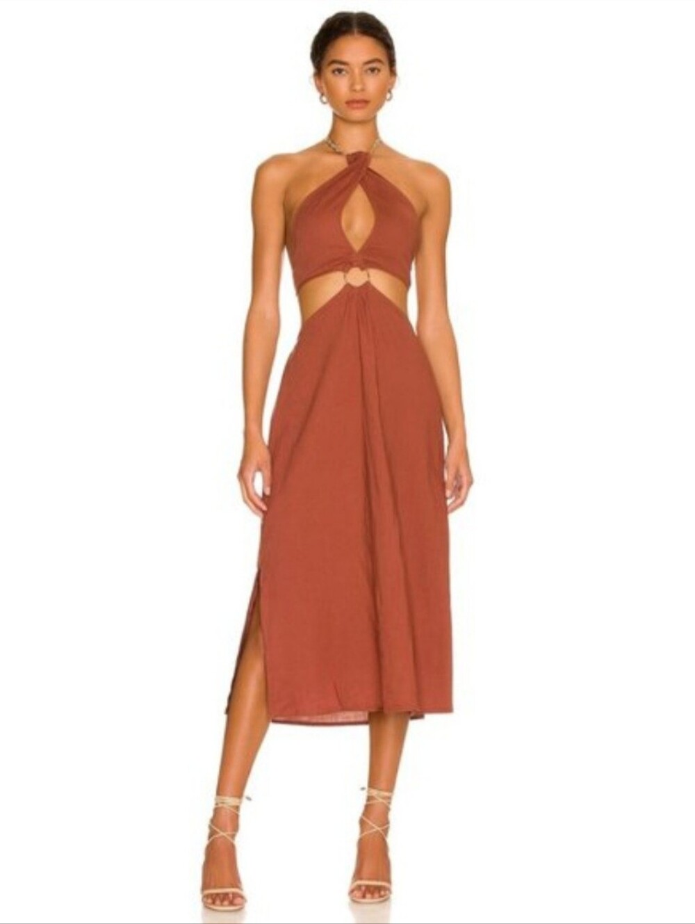 Revolve WeWoreWhat Shell Chain Halter Midi Dress Cappuccino Cut Off Sz L $168
